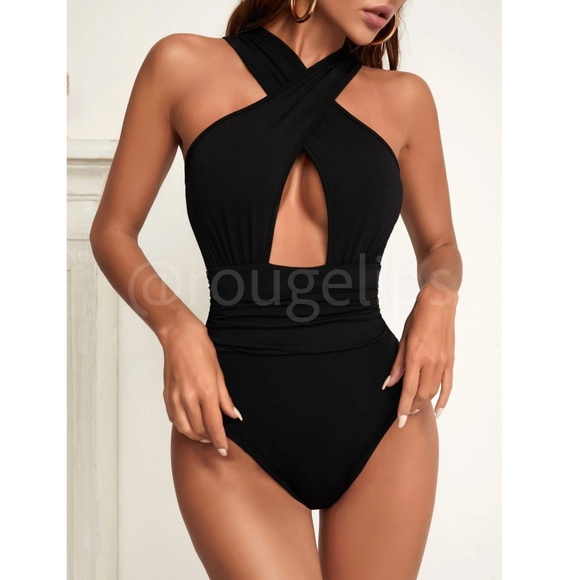 Criss Cross Front Black Bodysuit Cut Out Keyhole Slim Fit - Picture 7 of 8